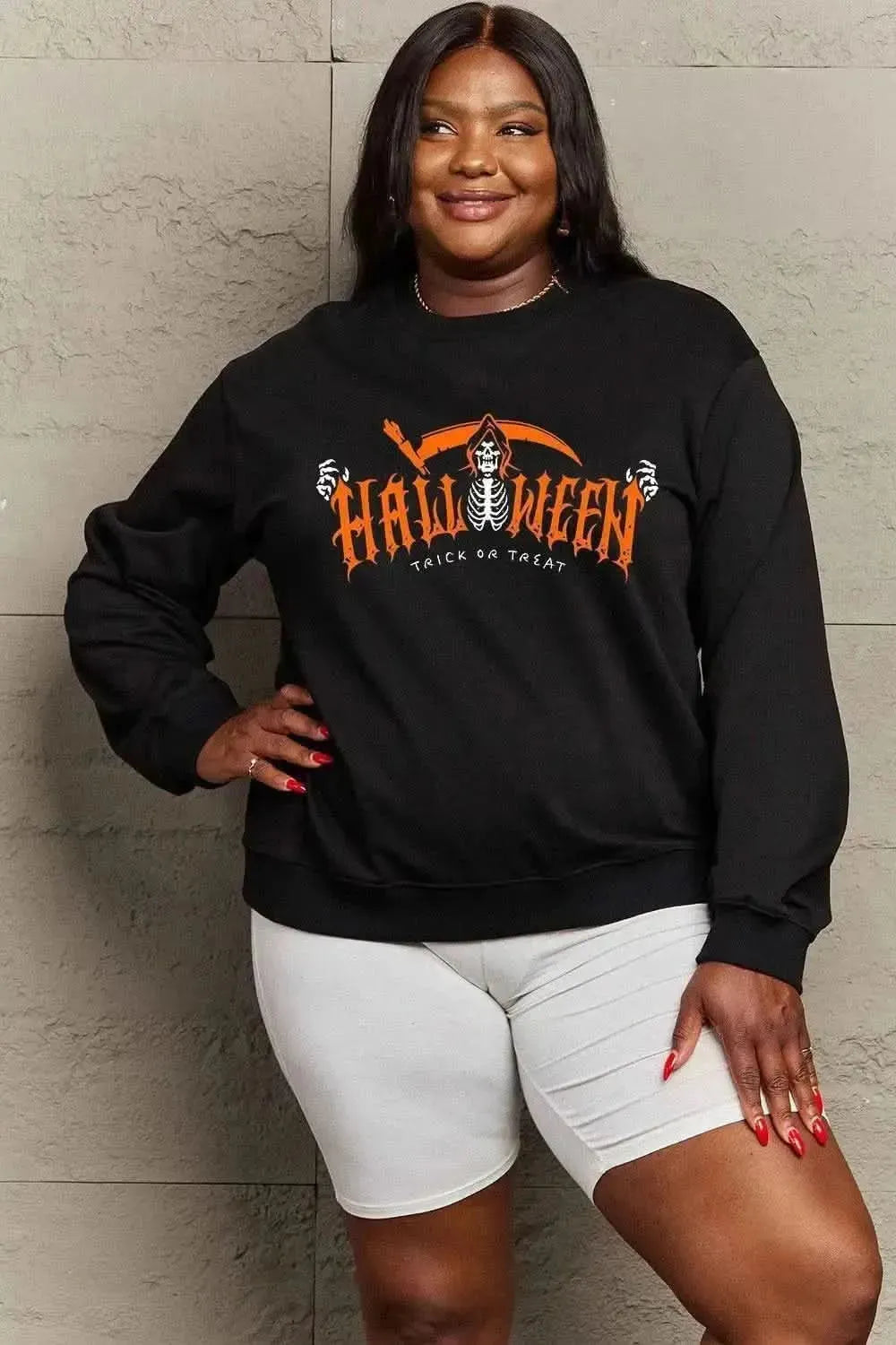 Simply Love Full Size HALLOWEEN TRICK OR TREAT Graphic Sweatshirt - Bad Moms Club