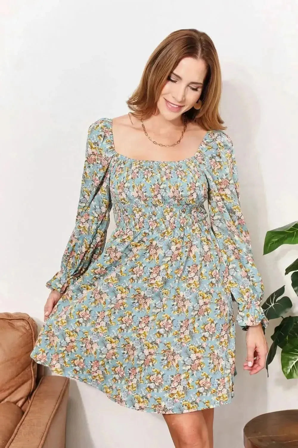 Honey Floral Smocked Flounce Sleeve Square Neck Dress - Bad Moms Club