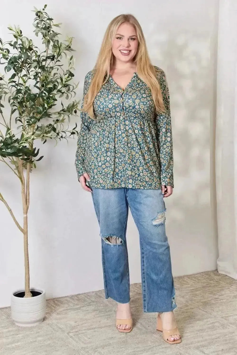 Heimish Full Size Floral Half Button Long Sleeve Blouse - Bad Moms Club