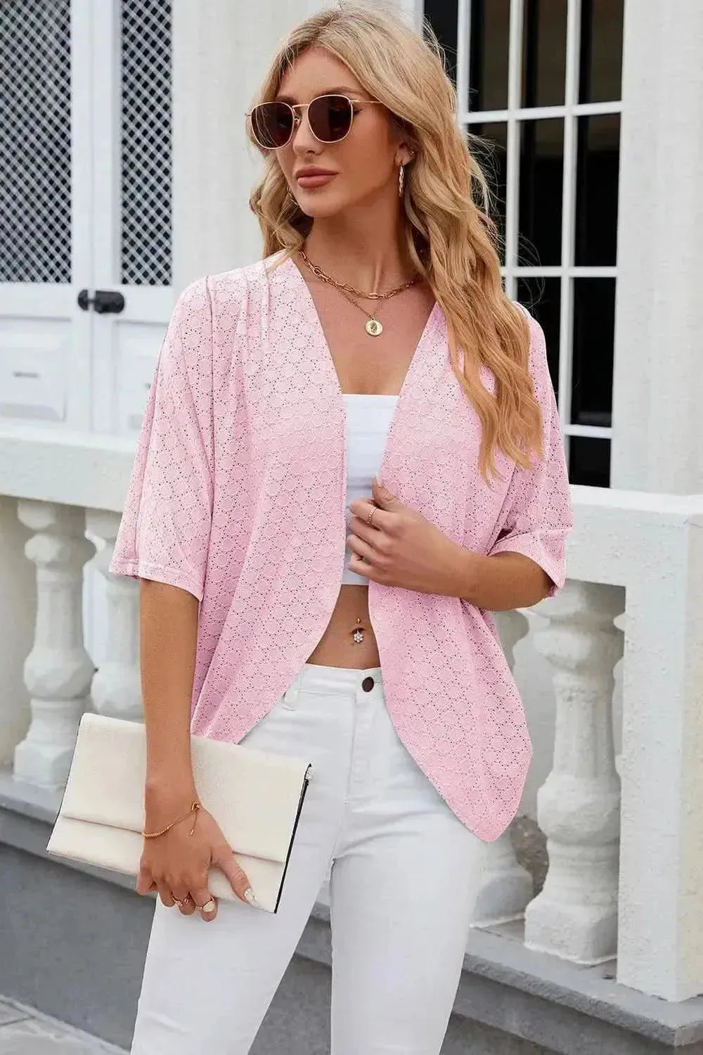 Eyelet Open Front Half Sleeve Cardigan - Bad Moms Club