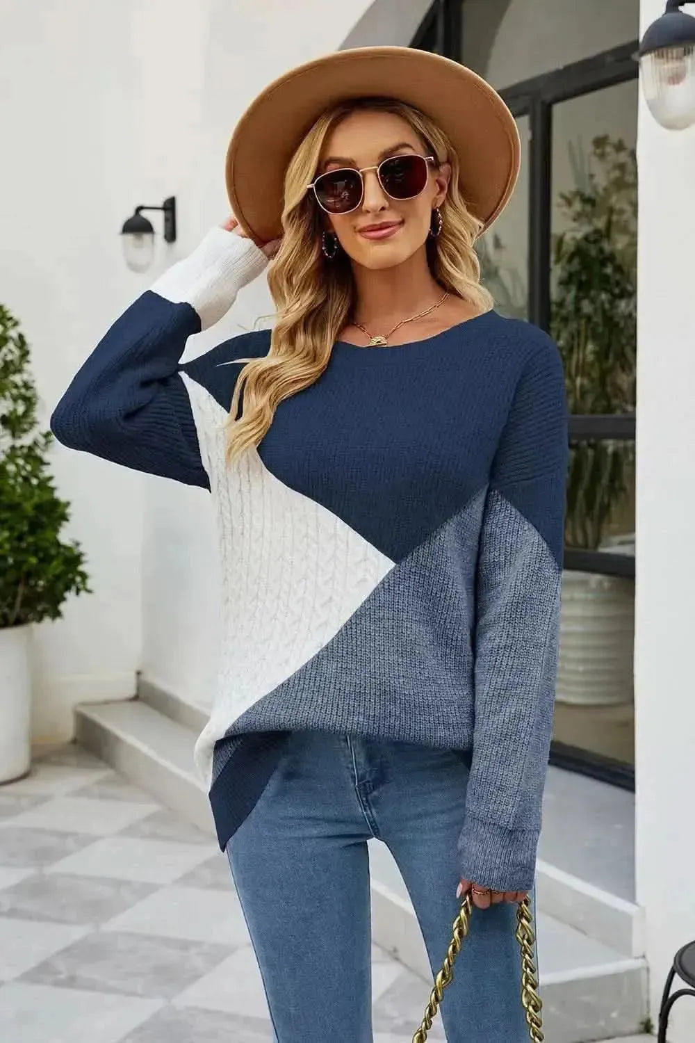 Color Block Round Neck Sweater - Bad Moms Club