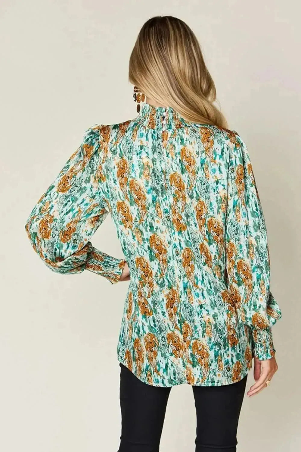 Double Take Full Size Printed Smocked Long Sleeve Blouse - Bad Moms Club