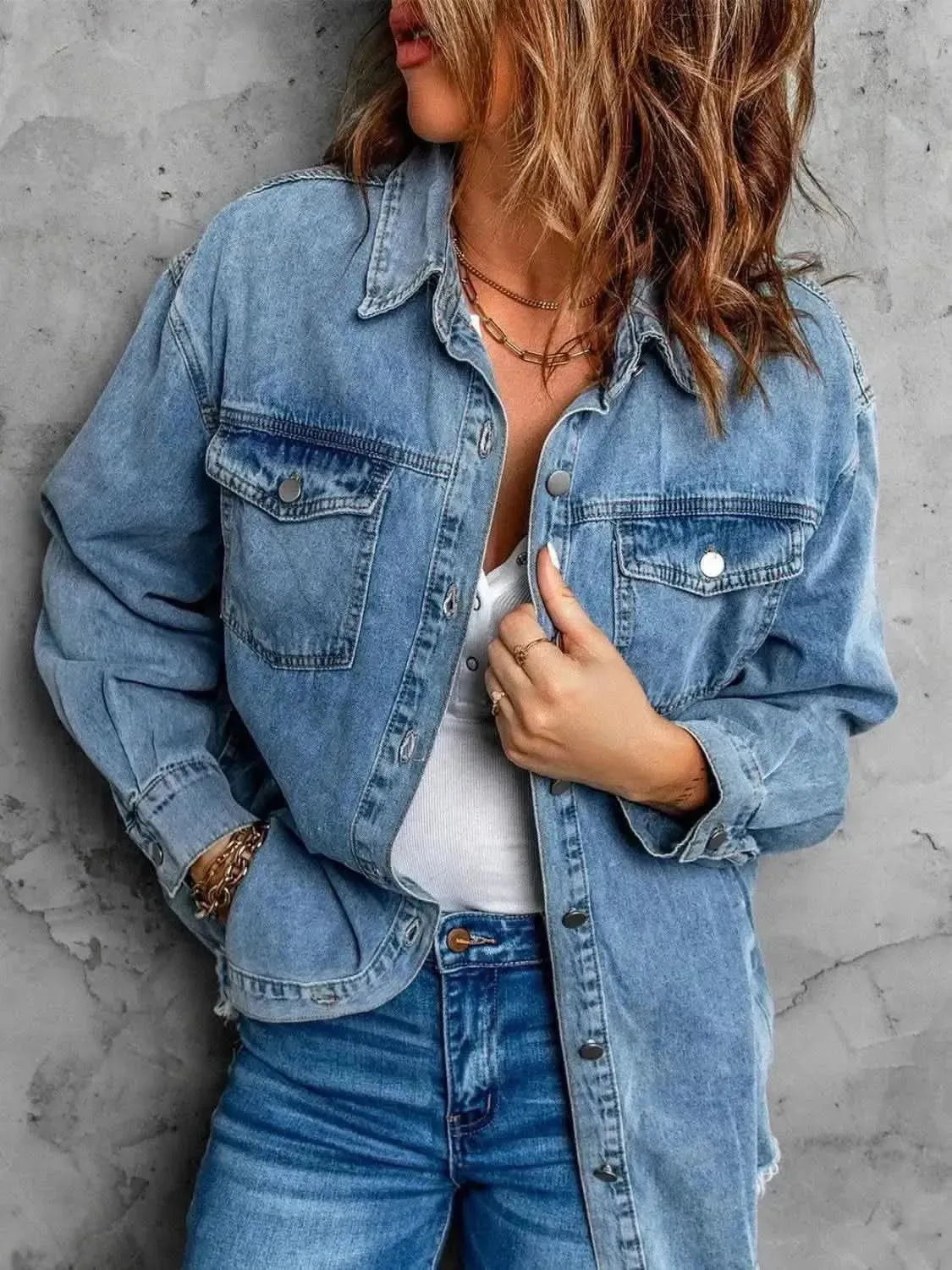 MeiMei Frayed Hem Collared Denim Jacket - Bad Moms Club