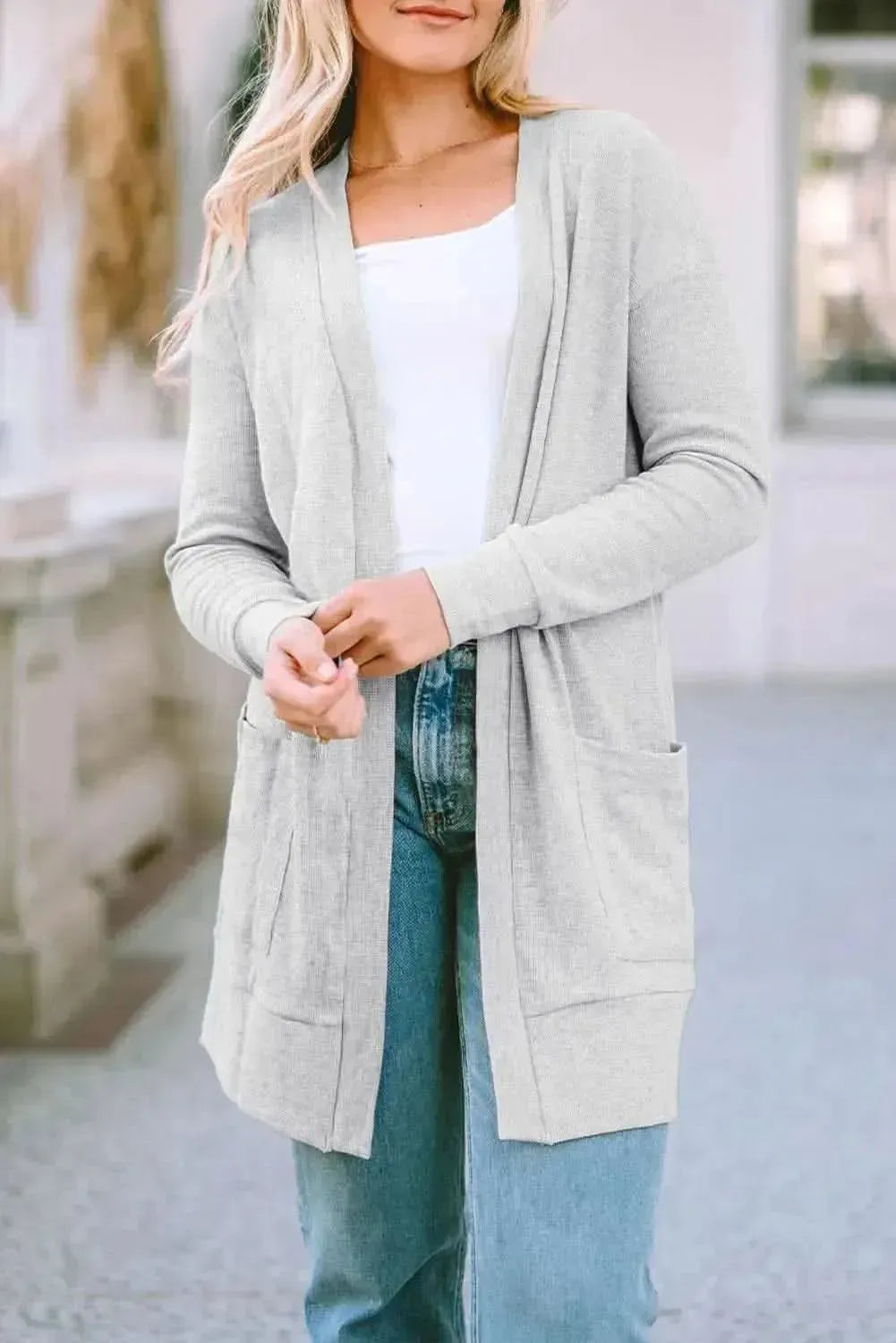 Pocketed Open Front Long Sleeve Cardigan - Bad Moms Club