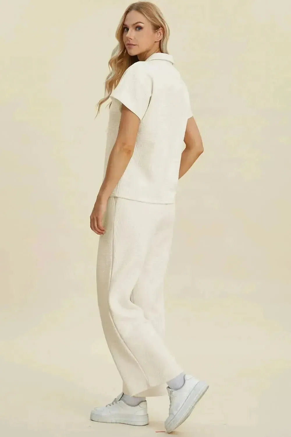 Double Take Full Size Collared Neck Short Sleeve Top and Pants Set - Bad Moms Club