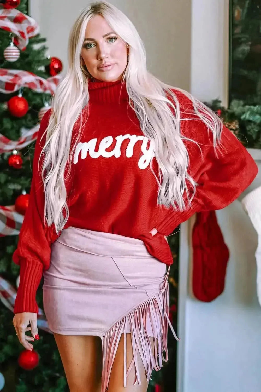 Double Take Full Size Merry Christmas Turtleneck Long Sleeve Sweater - Bad Moms Club