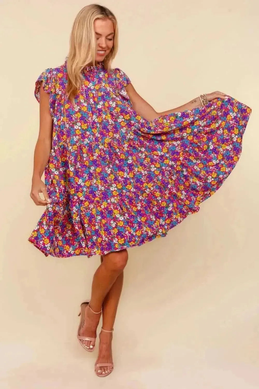 Haptics Frilled Mock Neck Ditsy Floral Dress - Bad Moms Club