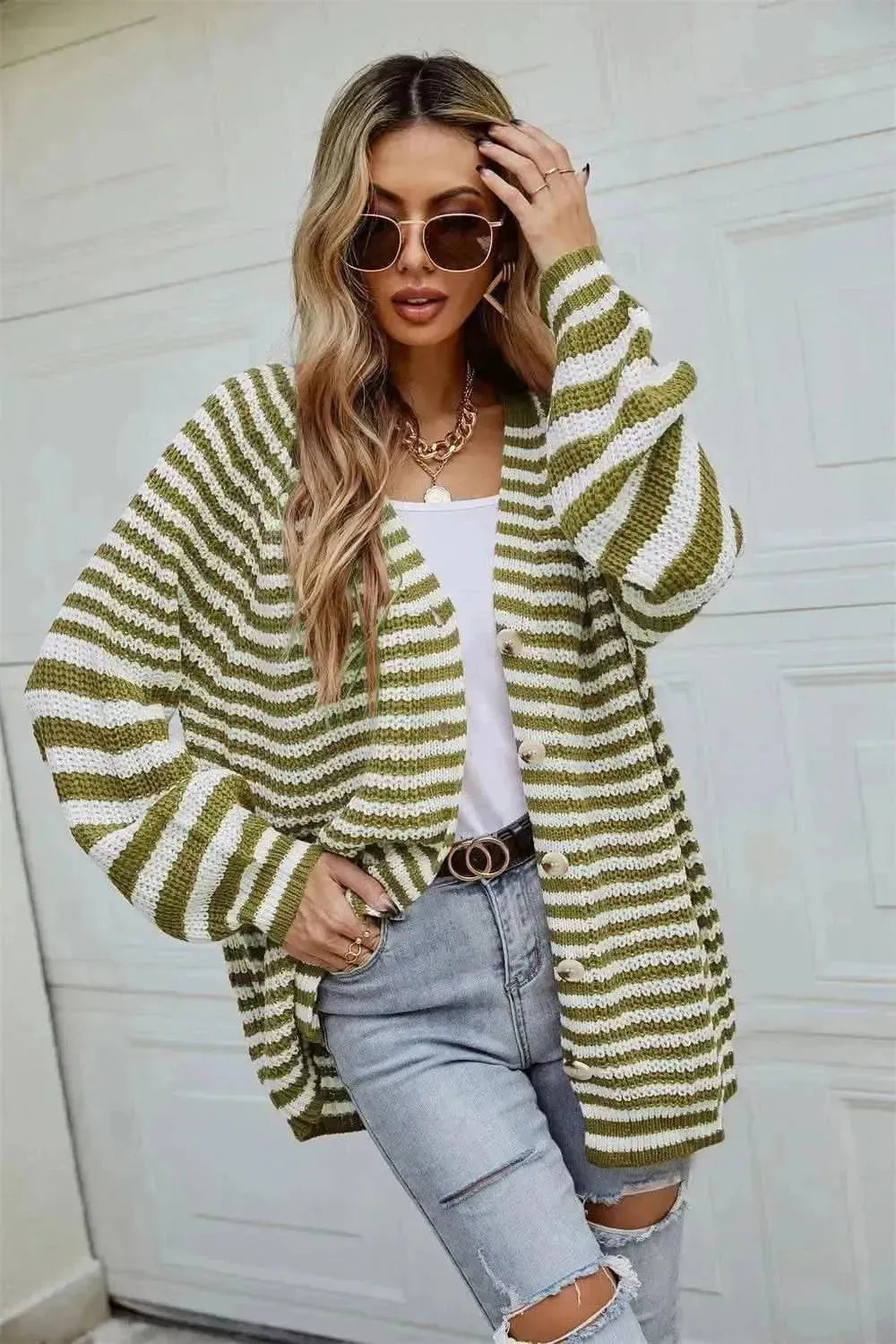 Striped Button Up Long Sleeve Cardigan - Bad Moms Club
