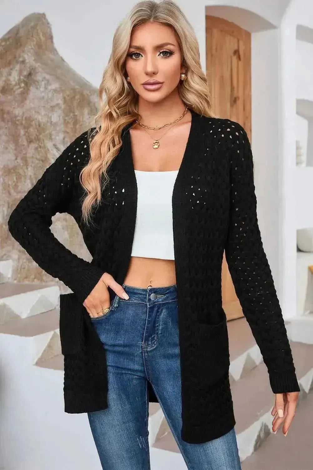 Open Front Dropped Shoulder Cardigan with Pockets - Bad Moms Club