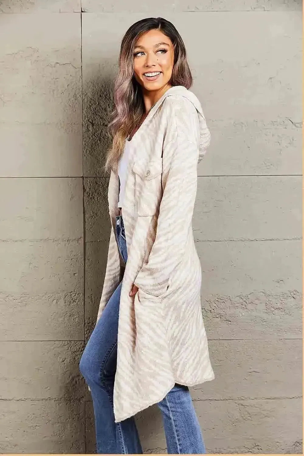 Printed Open Front Hooded Longline Cardigan - Bad Moms Club