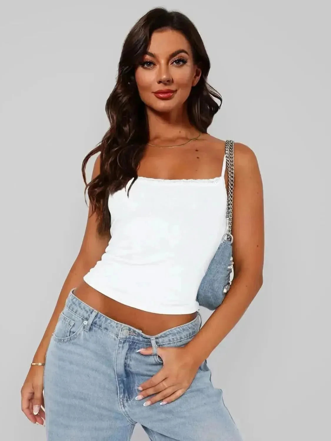 Lace Trim Straight Neck Cami - Bad Moms Club