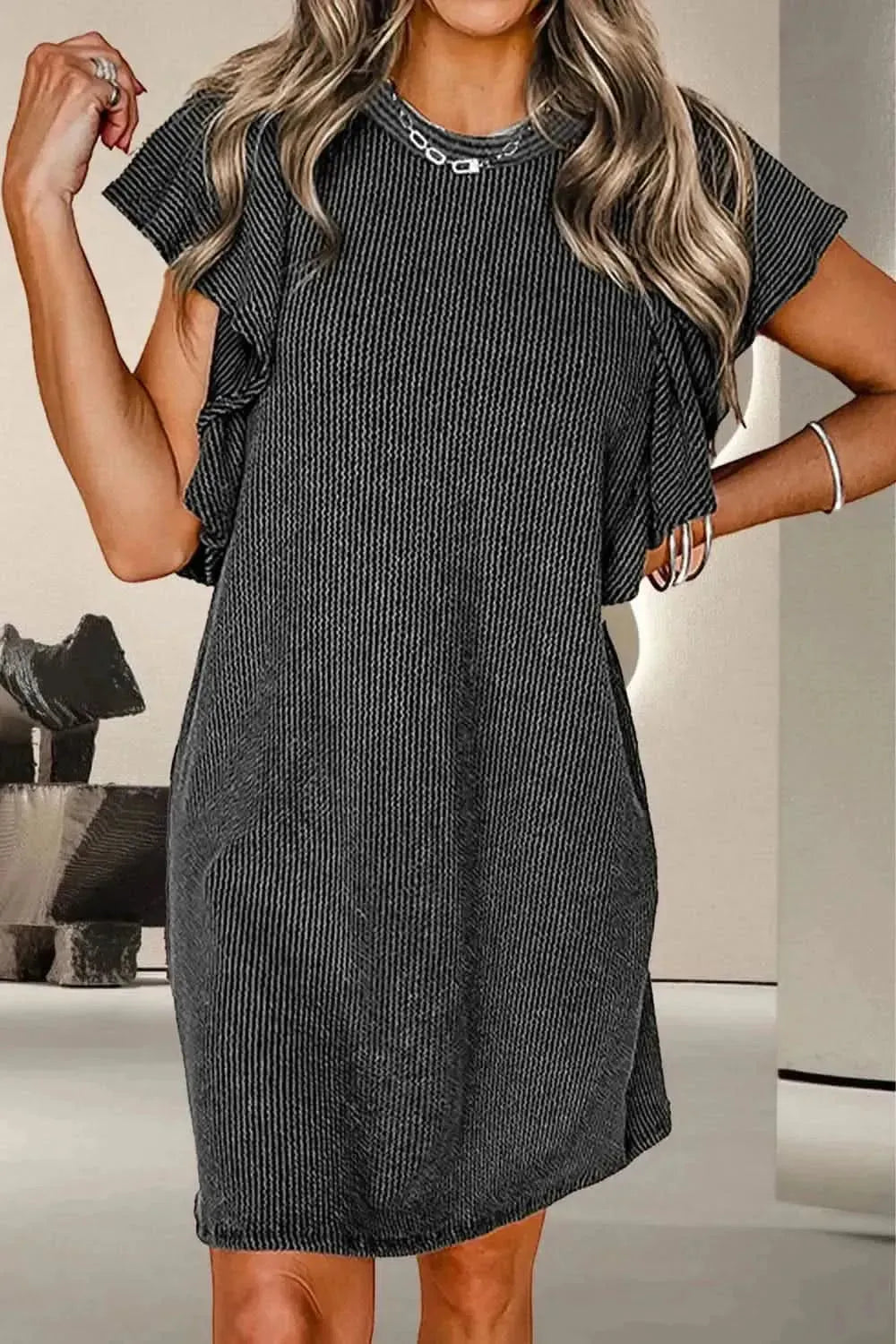 Textured Ruffled Round Neck Cap Sleeve Dress - Bad Moms Club