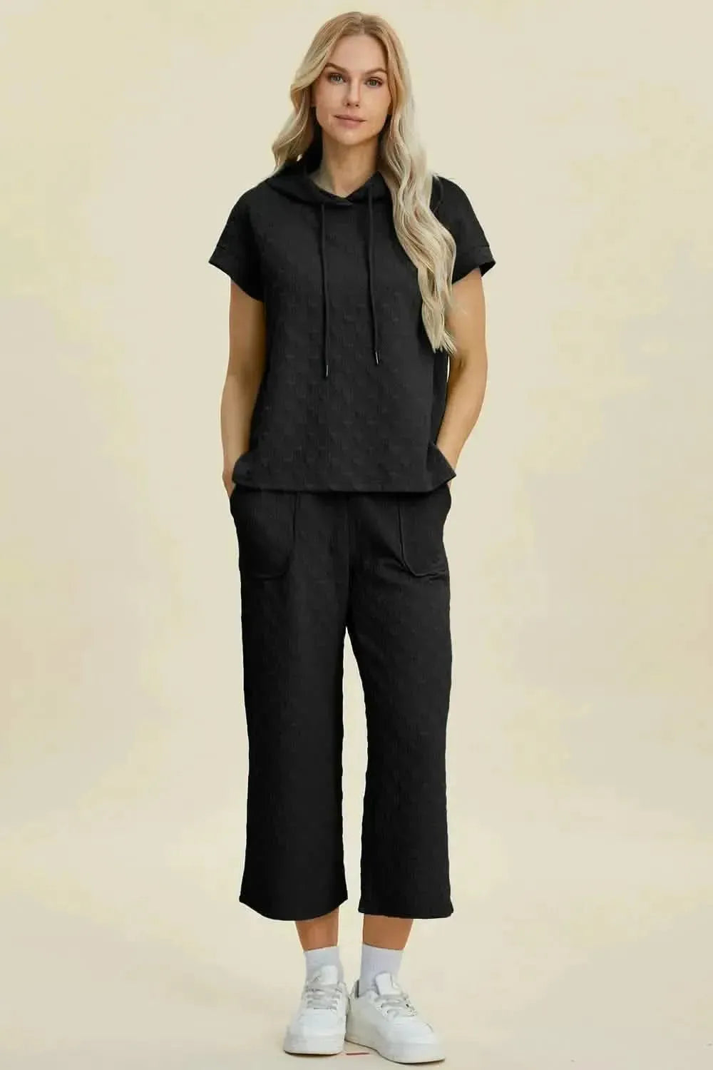 Double Take Full Size Texture Drawstring Short Sleeve Hoodie and Pocketed Pants Set - Bad Moms Club