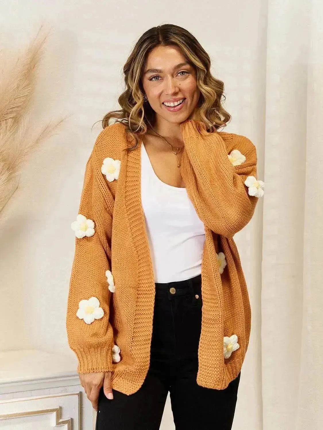 Flower Dropped Shoulder Open Front Cardigan - Bad Moms Club