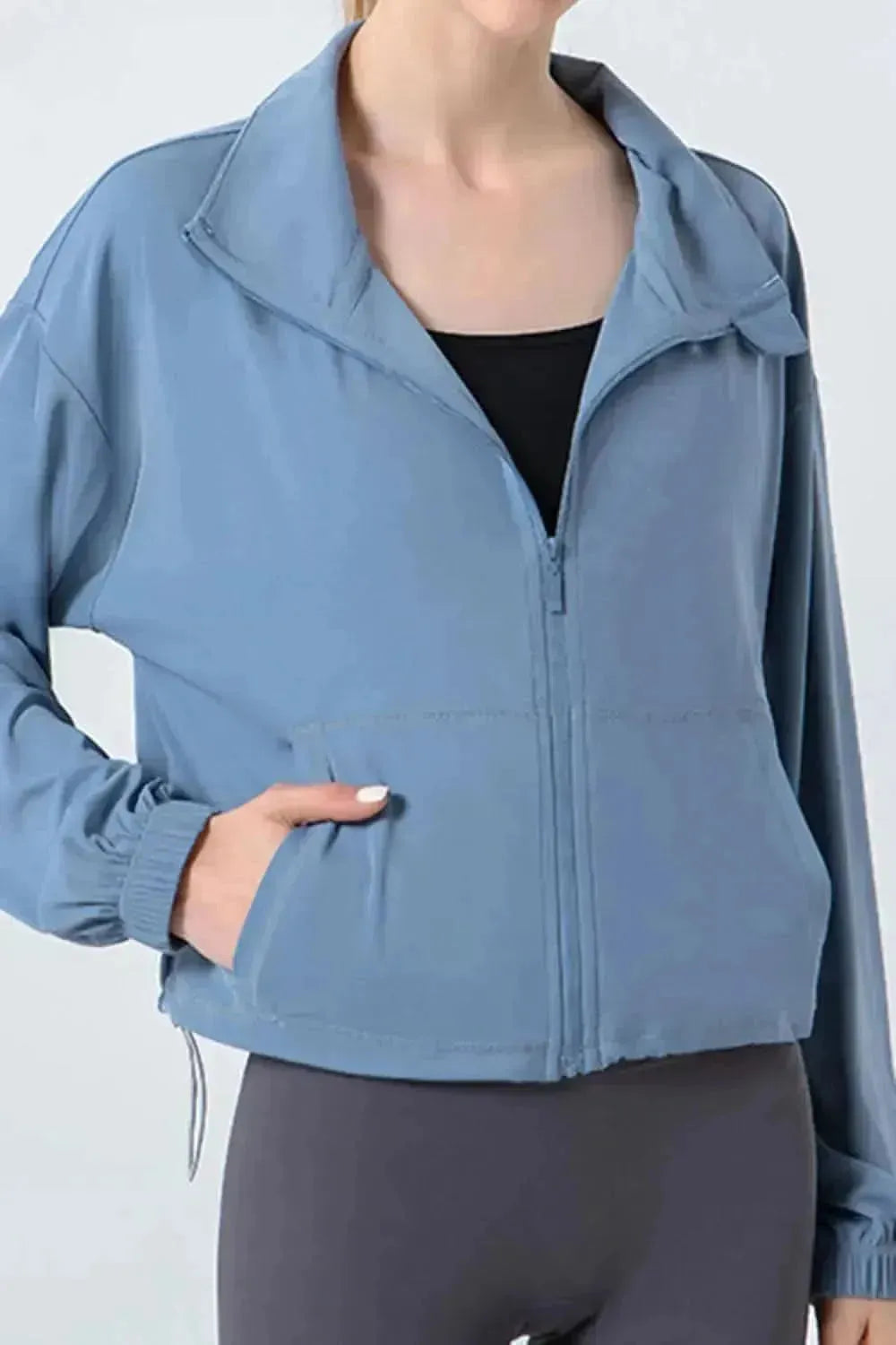 Drawstring Zip Up Dropped Shoulder Active Outerwear - Bad Moms Club