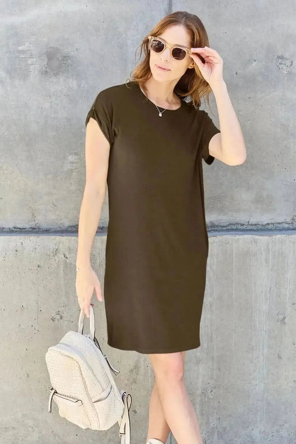 Basic Bae Full Size Round Neck Short Sleeve Dress with Pockets - Bad Moms Club