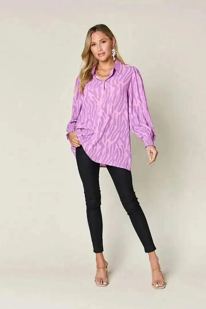 Double Take Full Size Printed Smocked Long Sleeve Blouse - Bad Moms Club