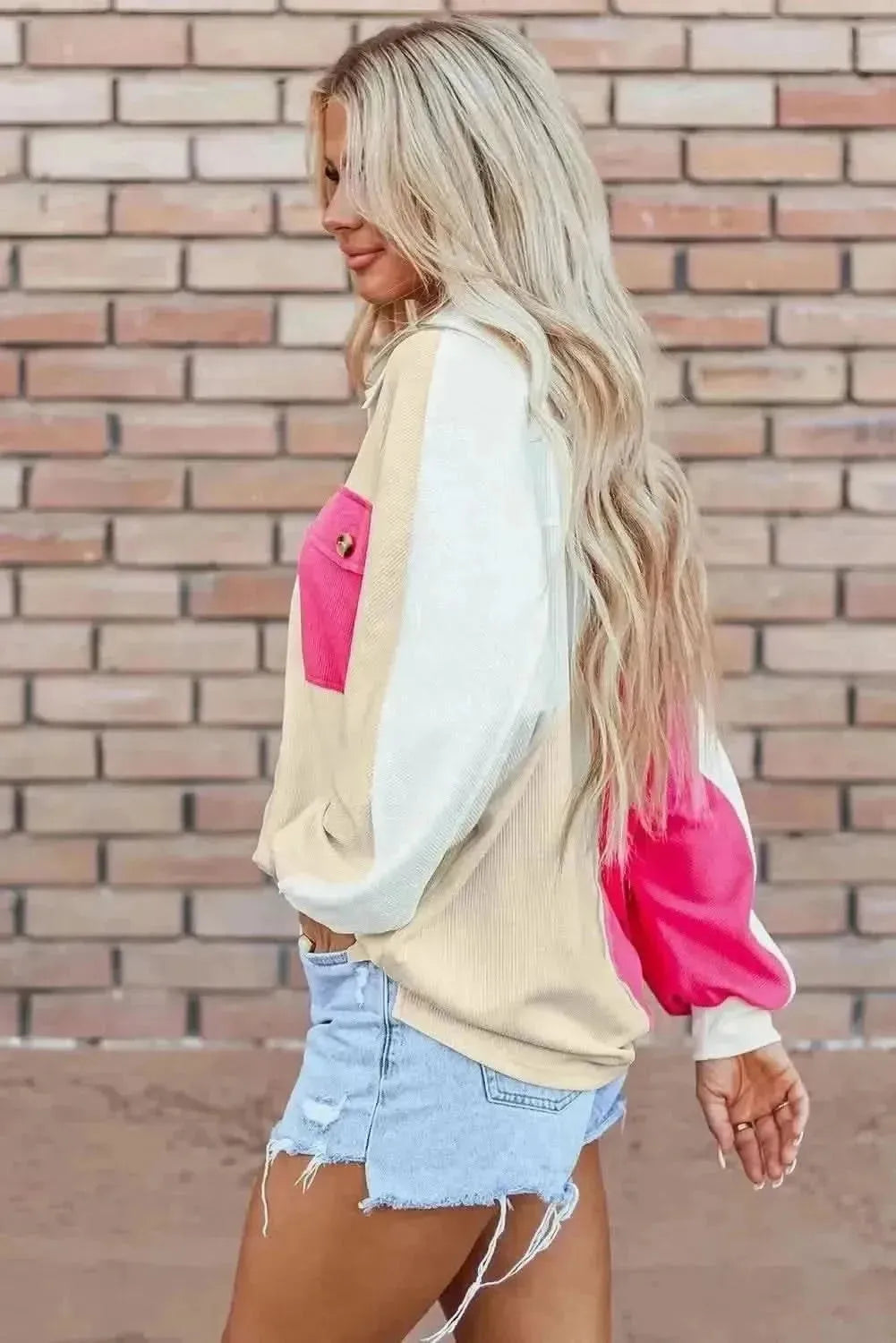 Pocketed Contrast Long Sleeve Sweatshirt - Bad Moms Club