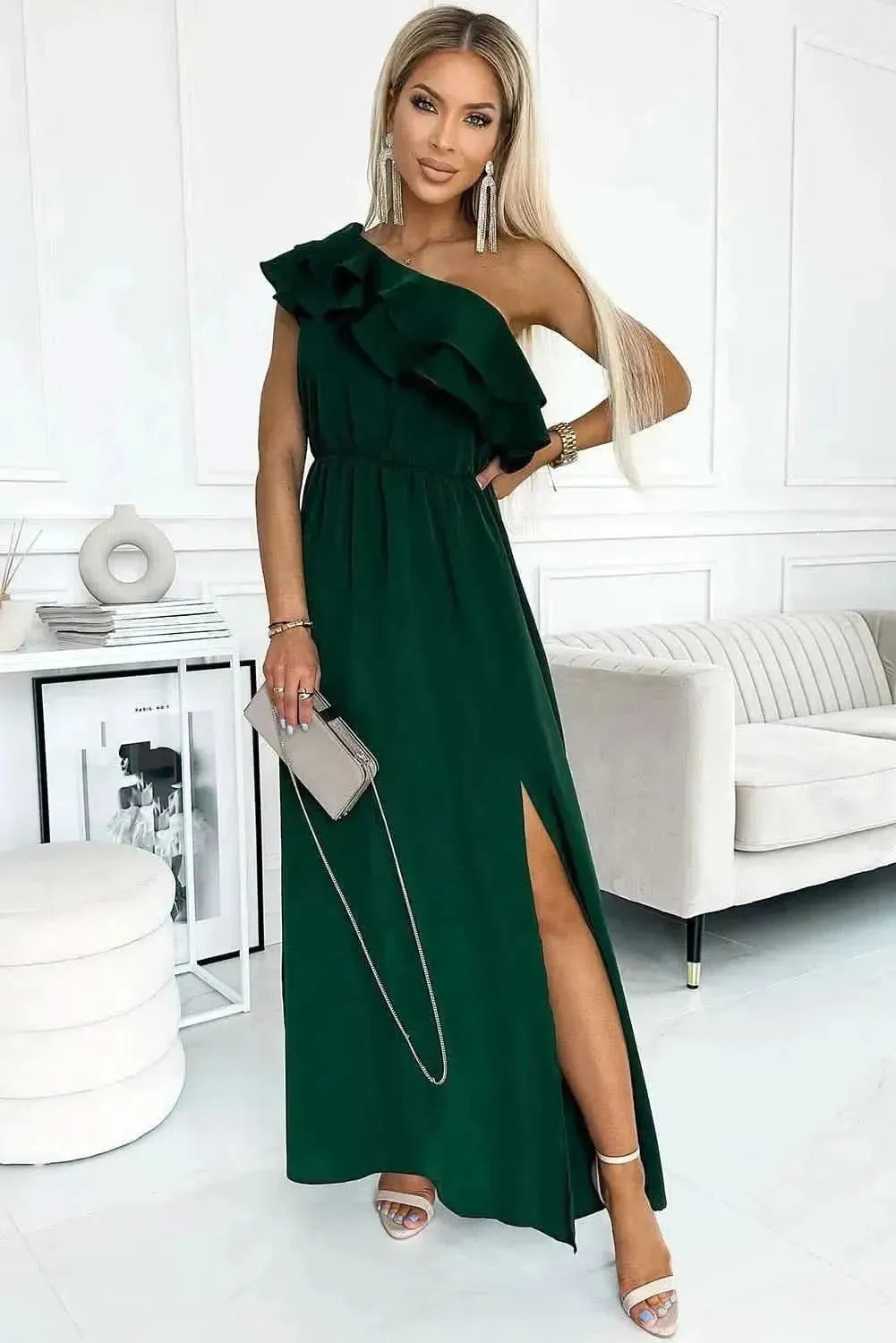 One-Shoulder Ruffled Maxi Dress - Bad Moms Club