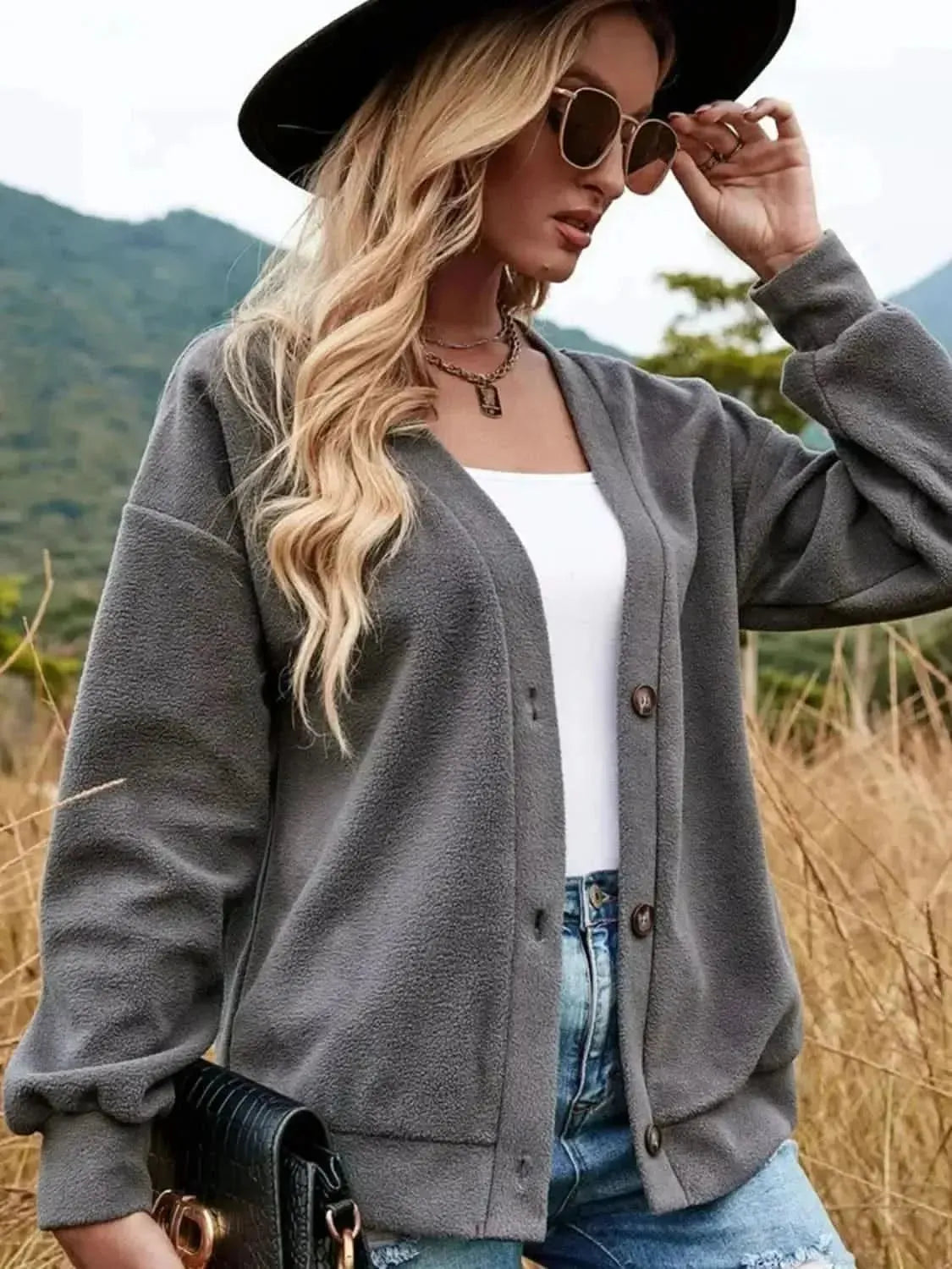 Shiny Button Down V-Neck Dropped Shoulder Jacket - Bad Moms Club