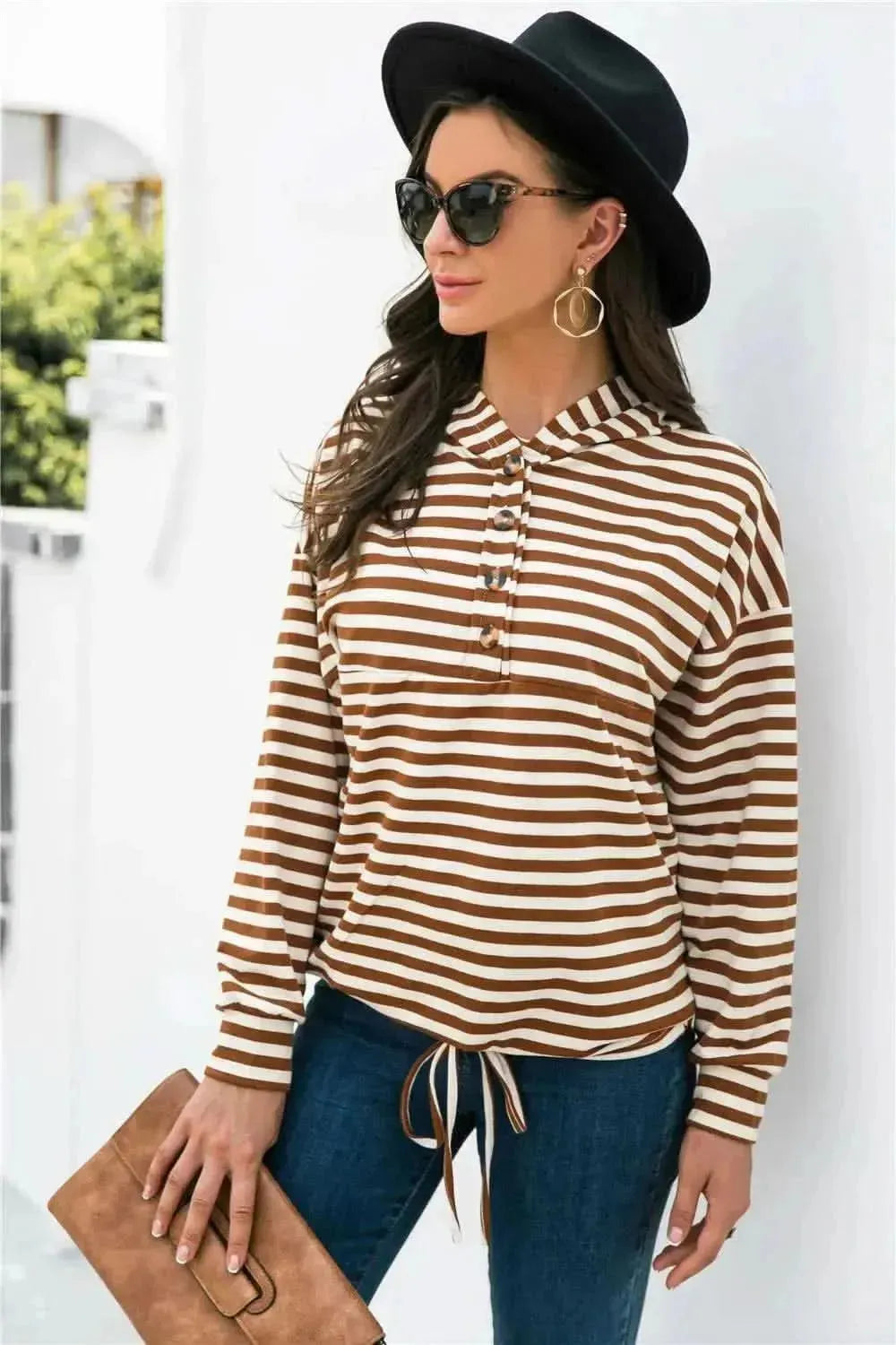 Striped Half-Button Dropped Shoulder Hoodie - Bad Moms Club