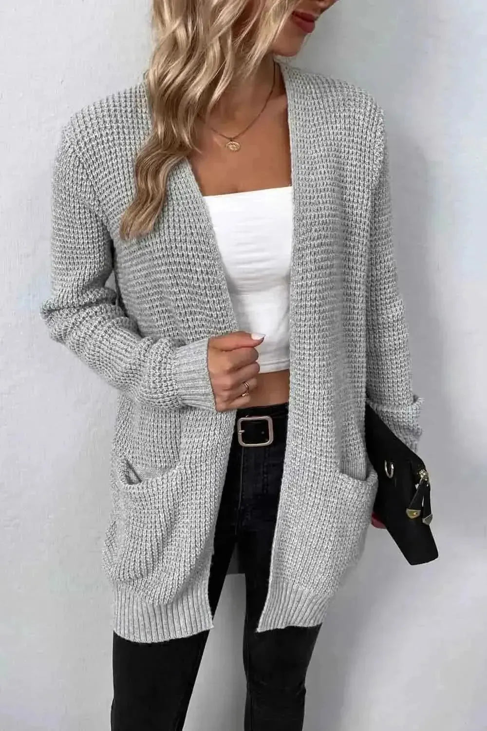 Rib-Knit Open Front Pocketed Cardigan - Bad Moms Club
