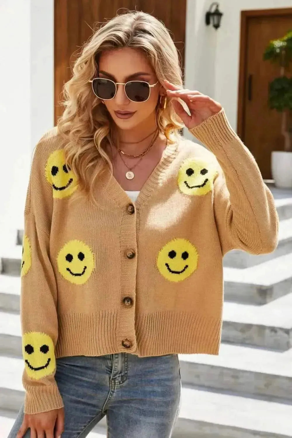 Smiley Face Ribbed Trim V-Neck Cardigan - Bad Moms Club