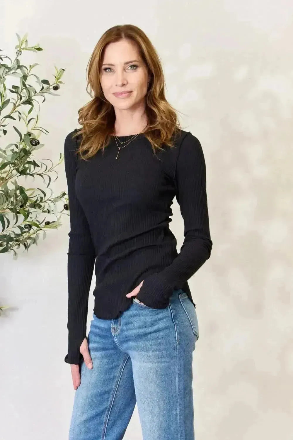 Culture Code Full Size Ribbed Round Neck Long Sleeve Top - Bad Moms Club