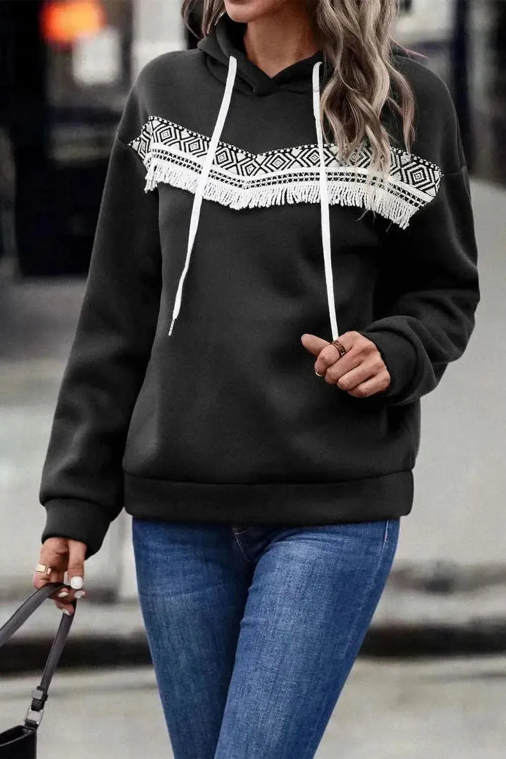 Contrast Fringe Detail Dropped Shoulder Hoodie - Bad Moms Club
