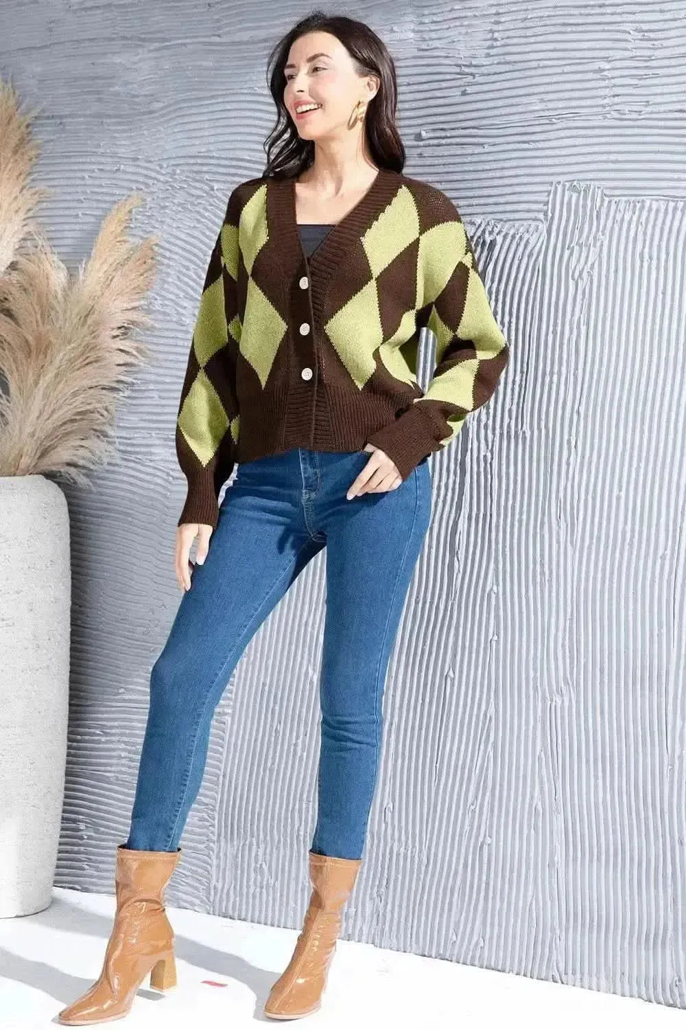 Geometric Button Up Dropped Shoulder Cardigan - Bad Moms Club