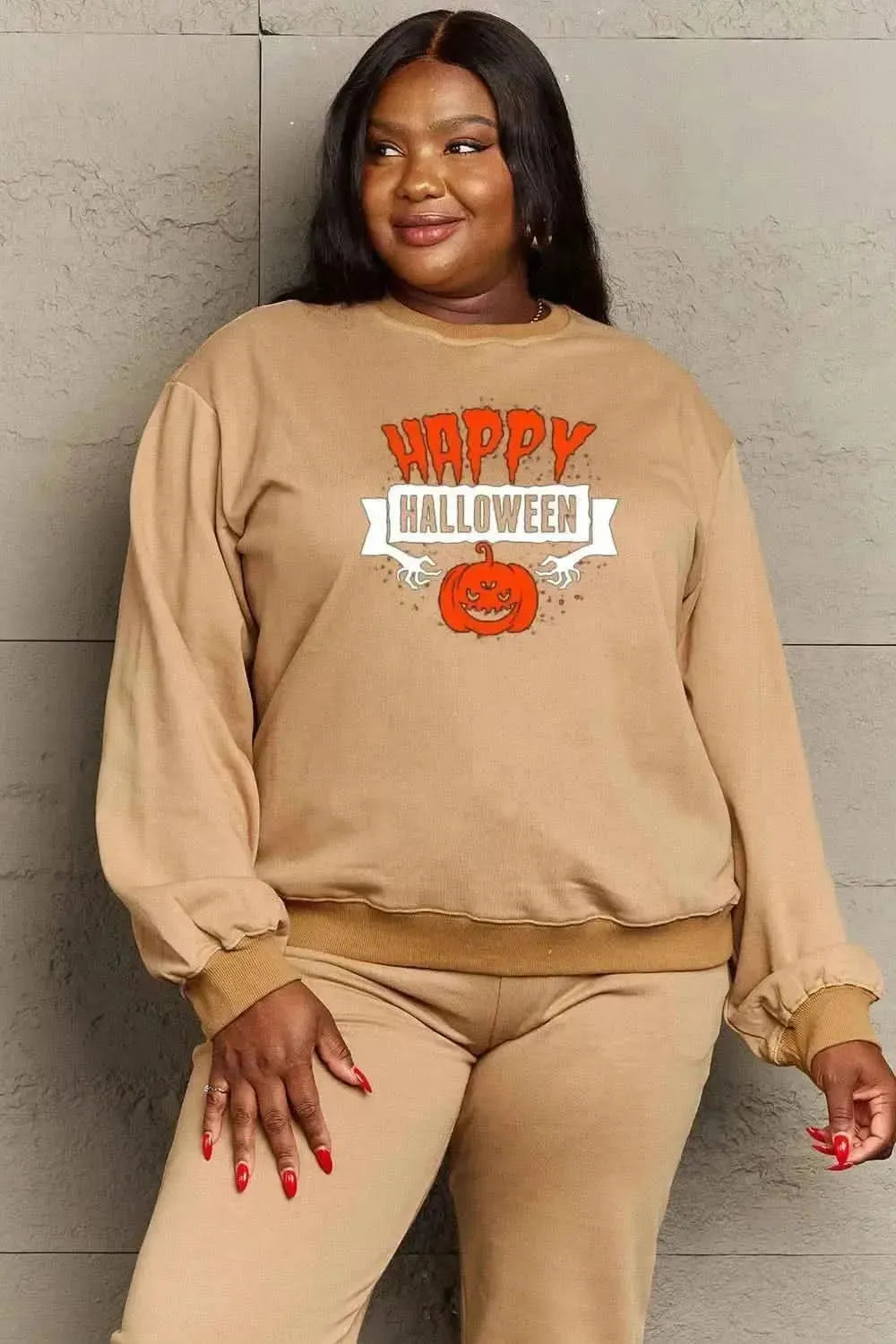 Simply Love Full Size HAPPY HALLOWEEN Graphic Sweatshirt - Bad Moms Club