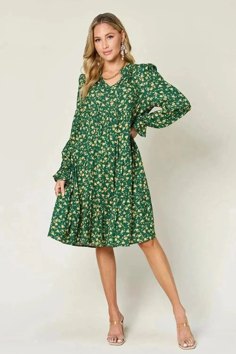 Double Take Full Size Printed Ruffle Hem Long Sleeve Tiered Dress - Bad Moms Club