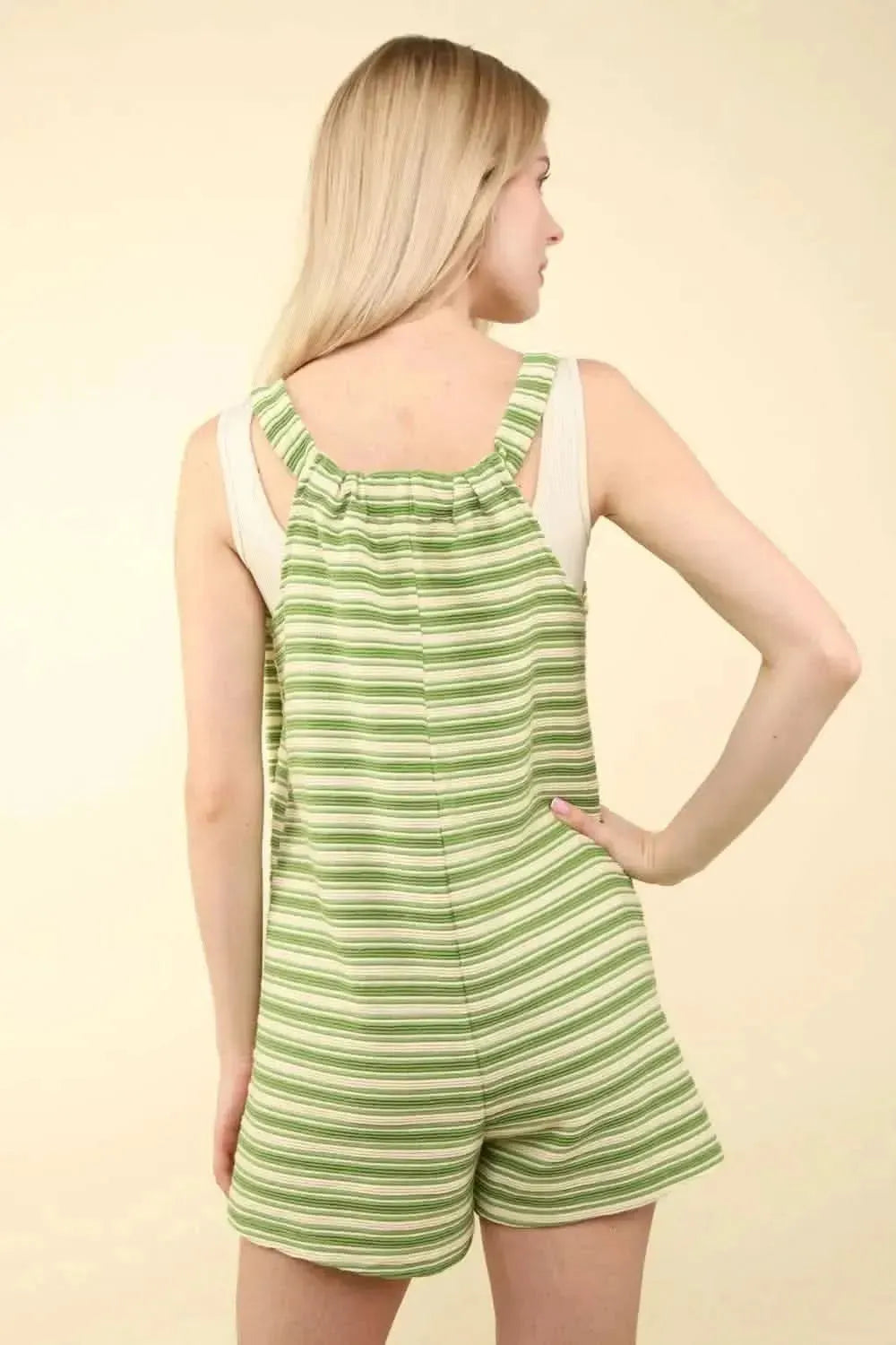 VERY J Tie Shoulder Front Pocket Striped Contrast Romper - Bad Moms Club