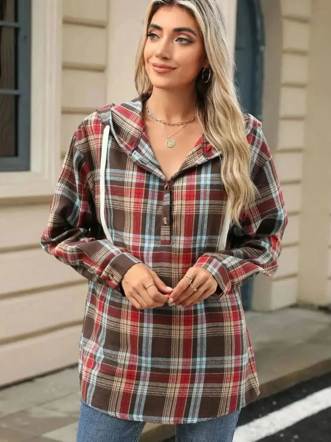 Drawstring Plaid Hooded Long Sleeve Top - Bad Moms Club