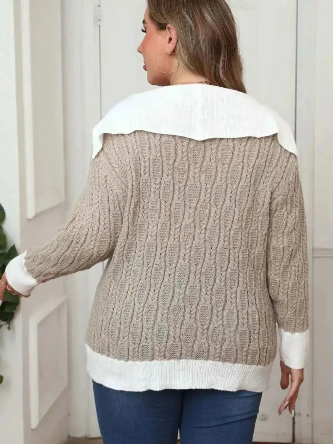 Plus Size Contrast Trim Collared Neck Sweater - Bad Moms Club