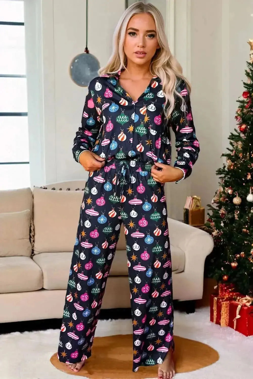 Christmas Lights Print Collared Neck Top and Pants Set - Bad Moms Club