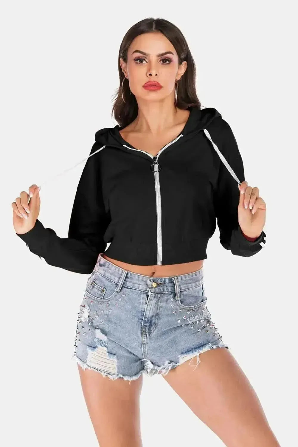 Perfee Side Stripe Drawstring Cropped Hooded Jacket - Bad Moms Club