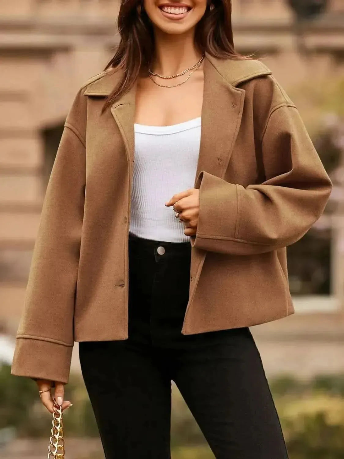 Collared Neck Dropped Shoulder Jacket - Bad Moms Club