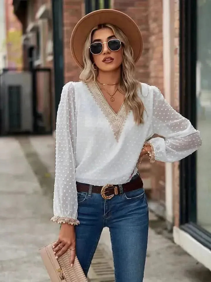 Swiss Dot V-Neck Long Sleeve Blouse - Bad Moms Club