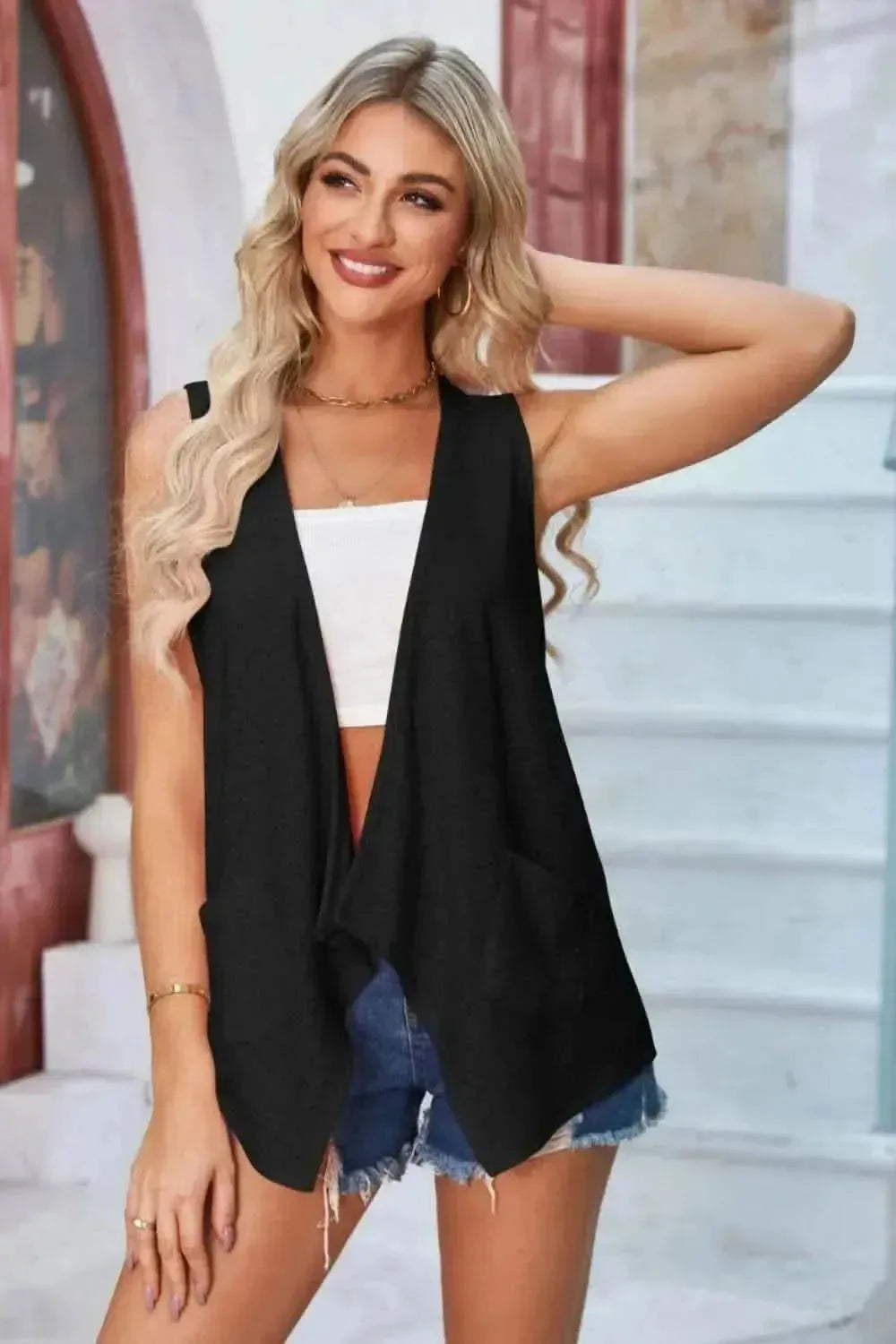 Eyelet Open Front Sleeveless Cardigan - Bad Moms Club