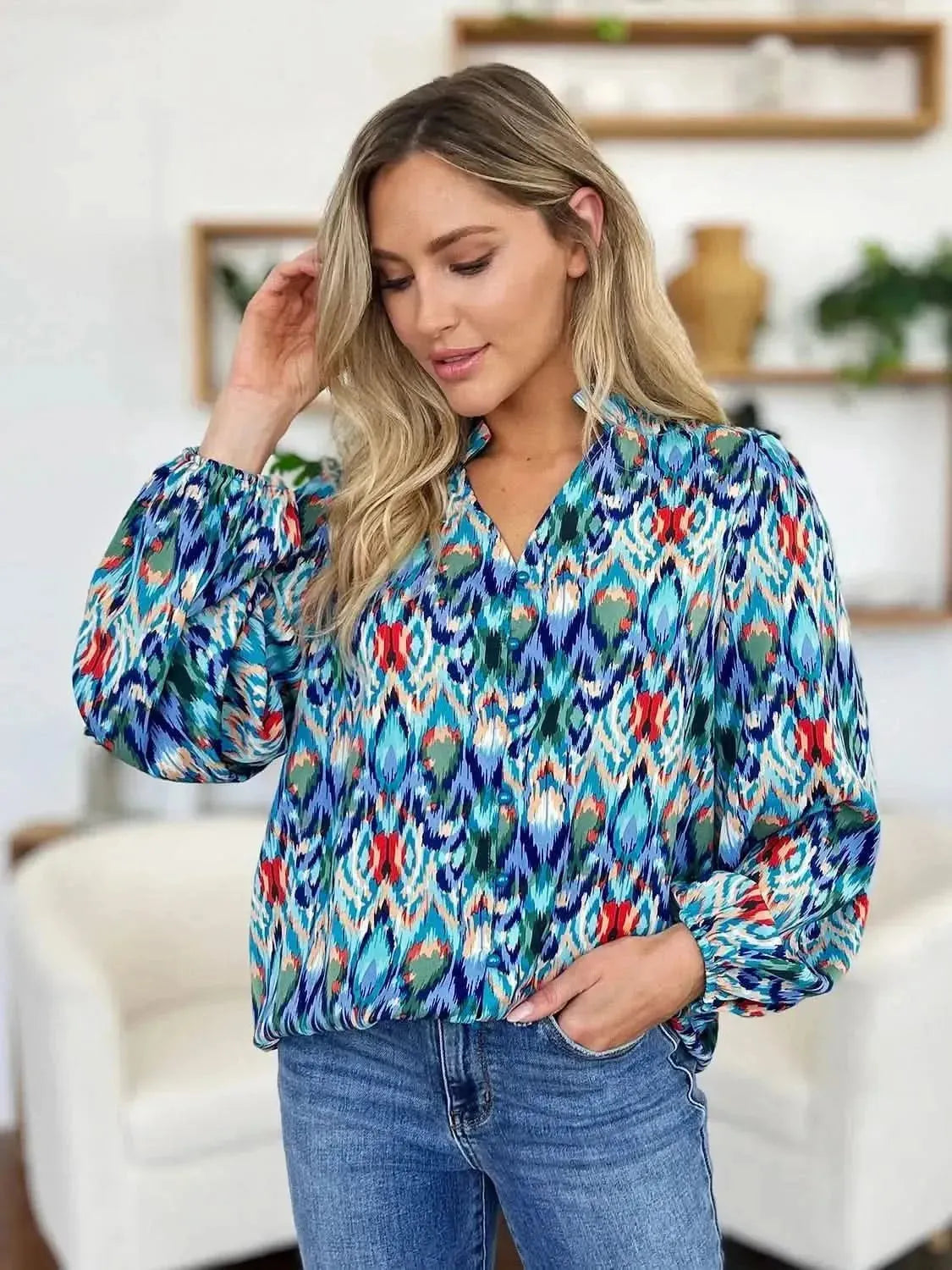 Double Take Full Size Printed Balloon Sleeve Blouse - Bad Moms Club