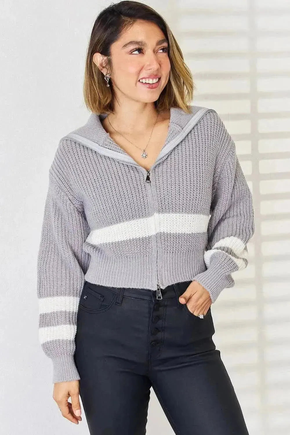 Striped Zip Up Dropped Shoulder Cardigan - Bad Moms Club