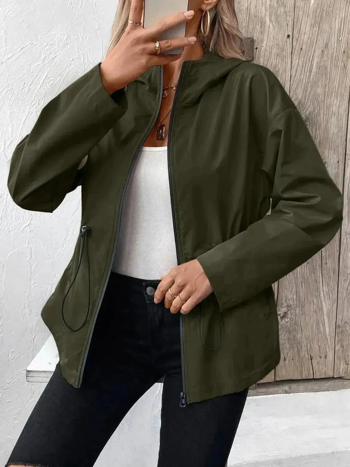 Drawstring Zip Up Hooded Jacket - Bad Moms Club
