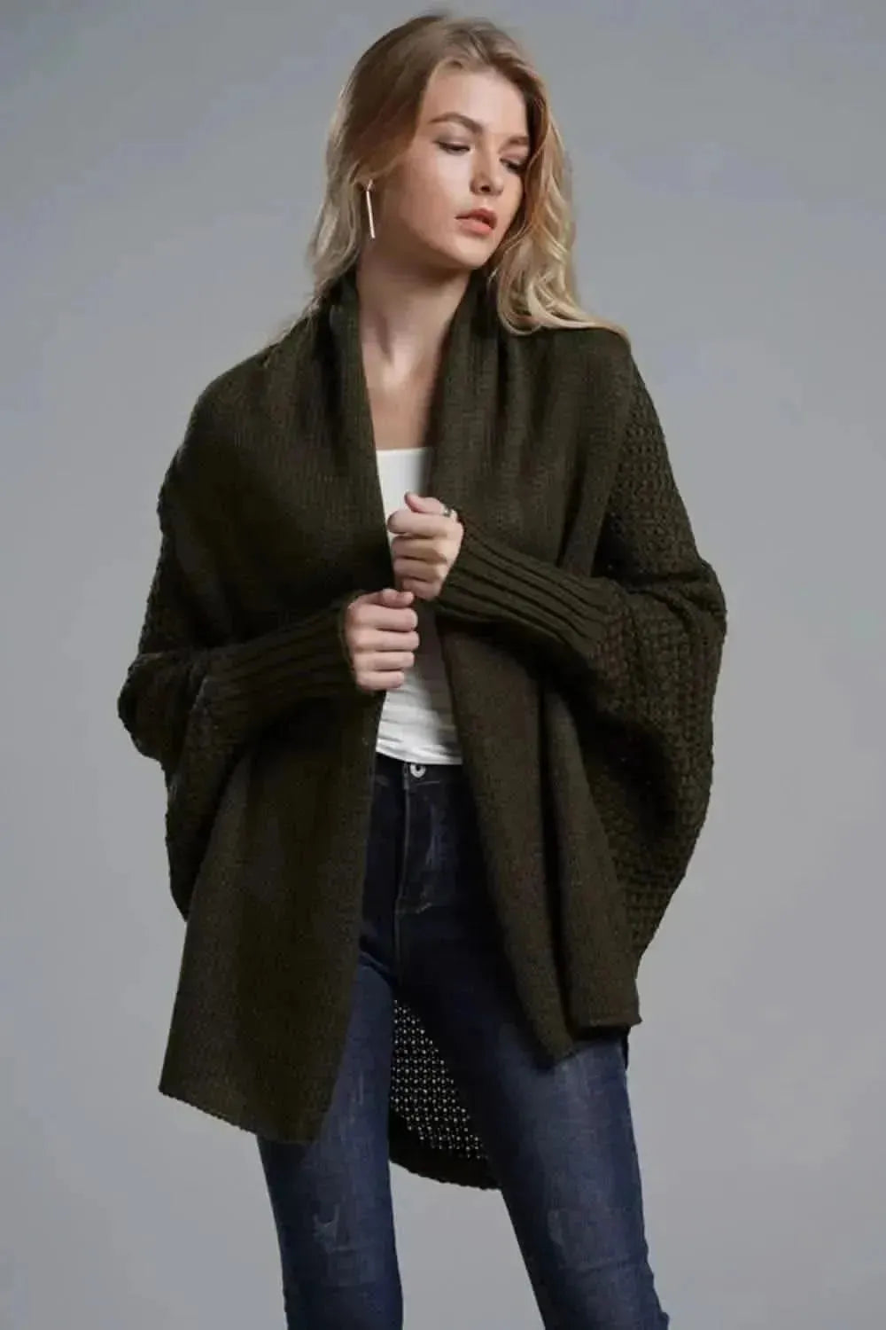 Dolman Sleeve Open Front Ribbed Trim Longline Cardigan - Bad Moms Club
