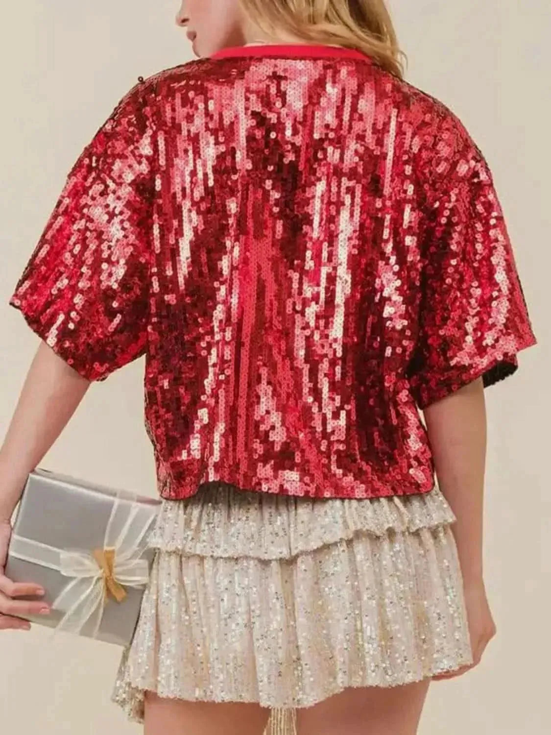 Sequin Bow Graphic Round Neck Half Sleeve T-Shirt - Bad Moms Club