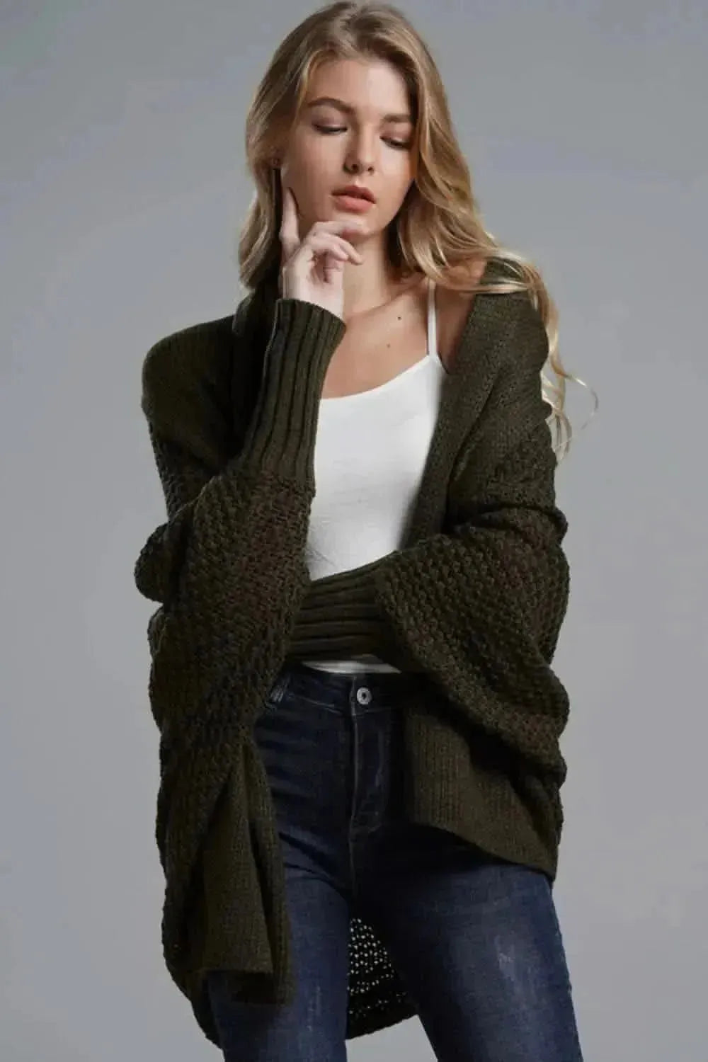 Dolman Sleeve Open Front Ribbed Trim Longline Cardigan - Bad Moms Club