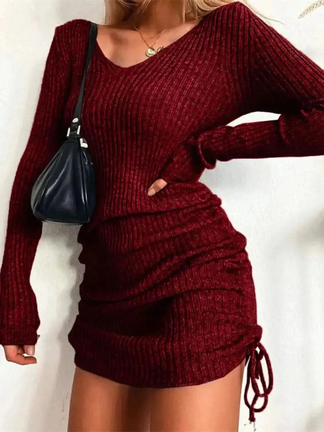 Ribbed Drawstring V-Neck Mini Dress - Bad Moms Club