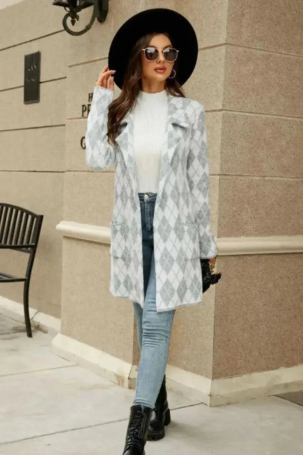 Printed Open Front Lapel Collar Cardigan with Pockets - Bad Moms Club