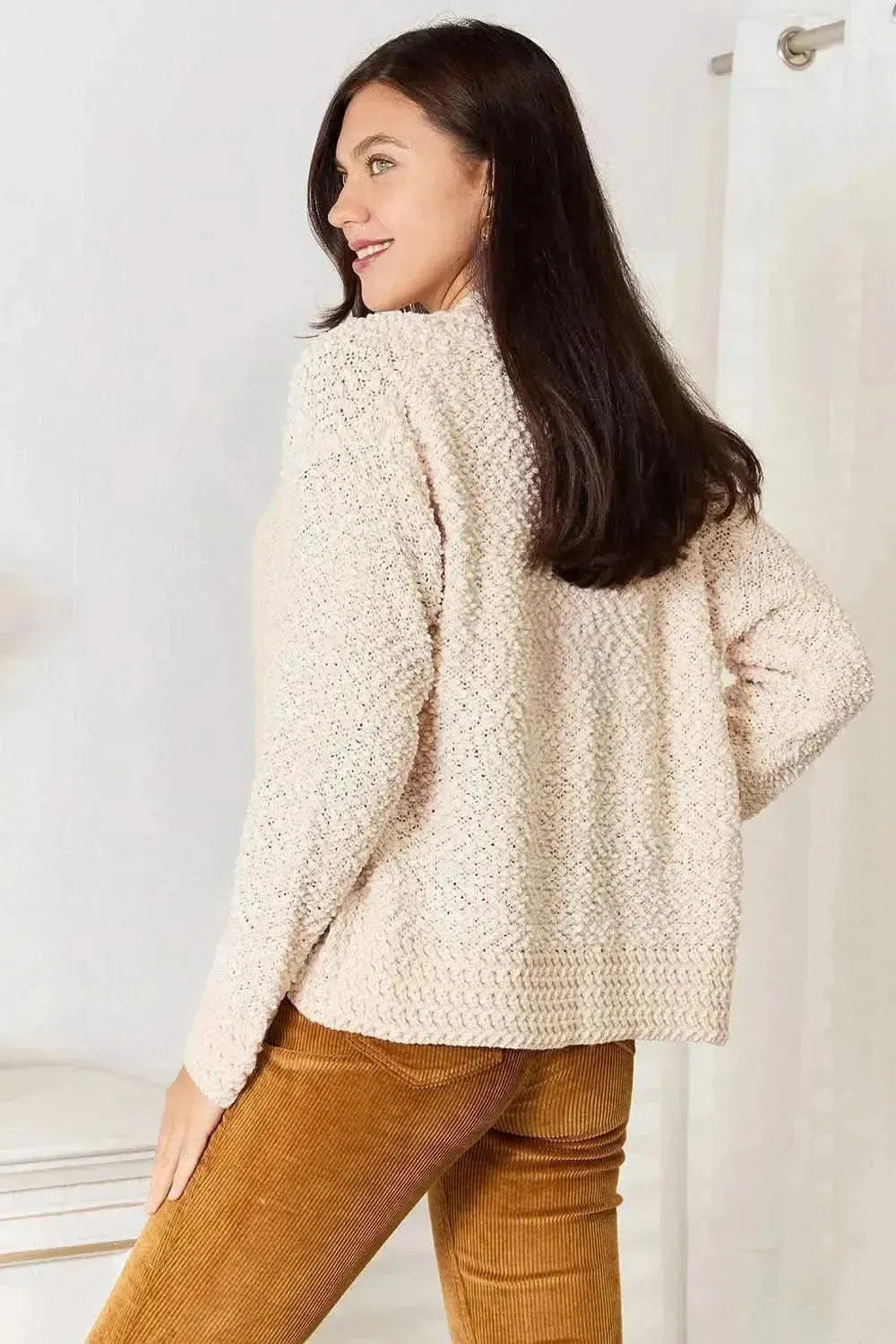 Double Take Open Front Long Sleeve Cardigan - Bad Moms Club