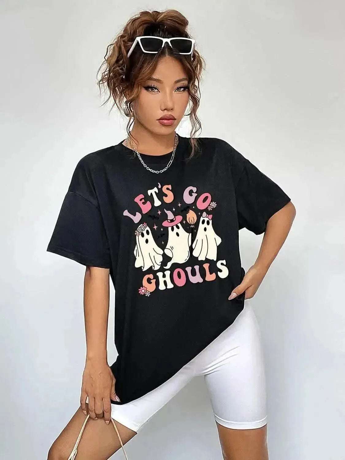 Round Neck Short Sleeve LET'S GO GHOULS Graphic T-Shirt - Bad Moms Club